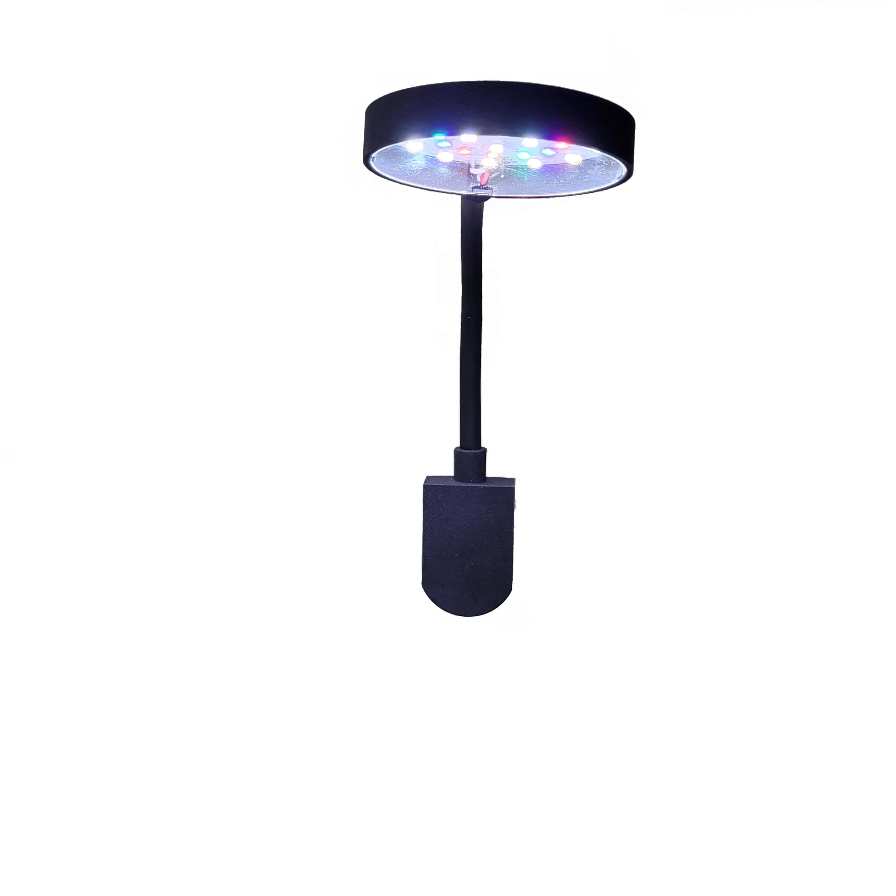 2.5" Clip-On Full Spectrum LED Aquarium Plant Light by Lifegard Aquatics in a frontal view with a gooseneck fixture