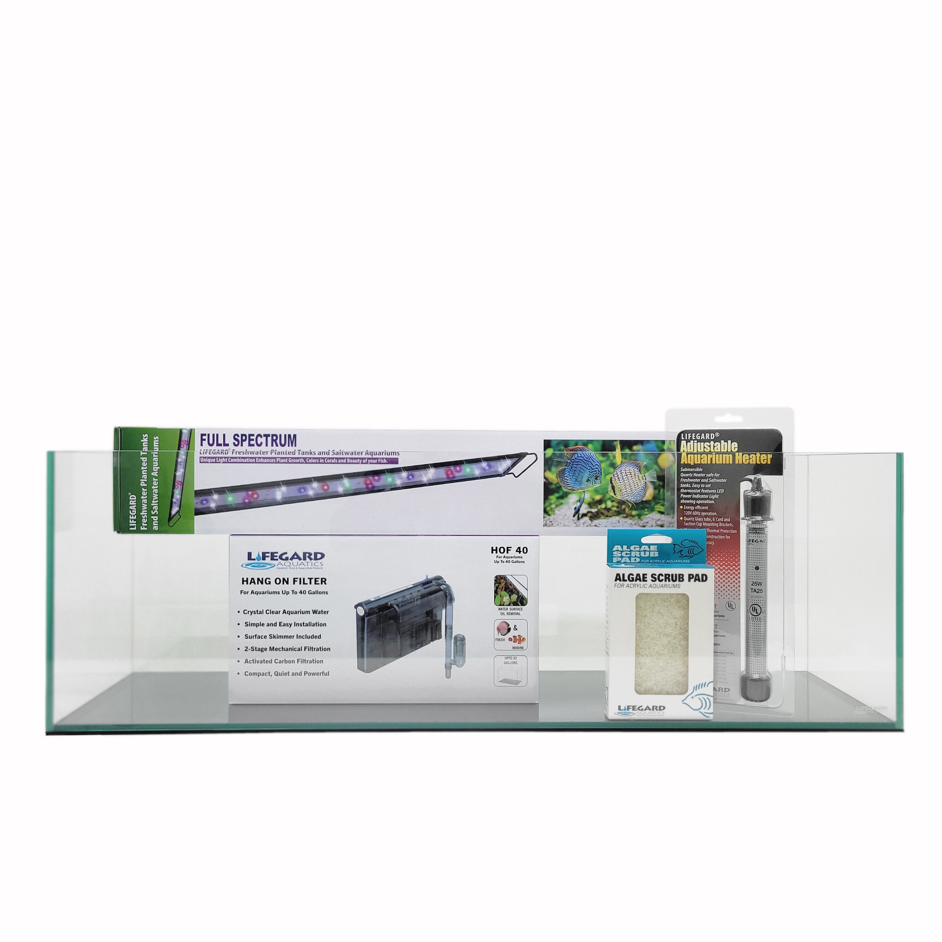 22 Gallon Ultra Clear Rimless Aquarium Kit by Lifegard Aquatics showing everything included in this kit