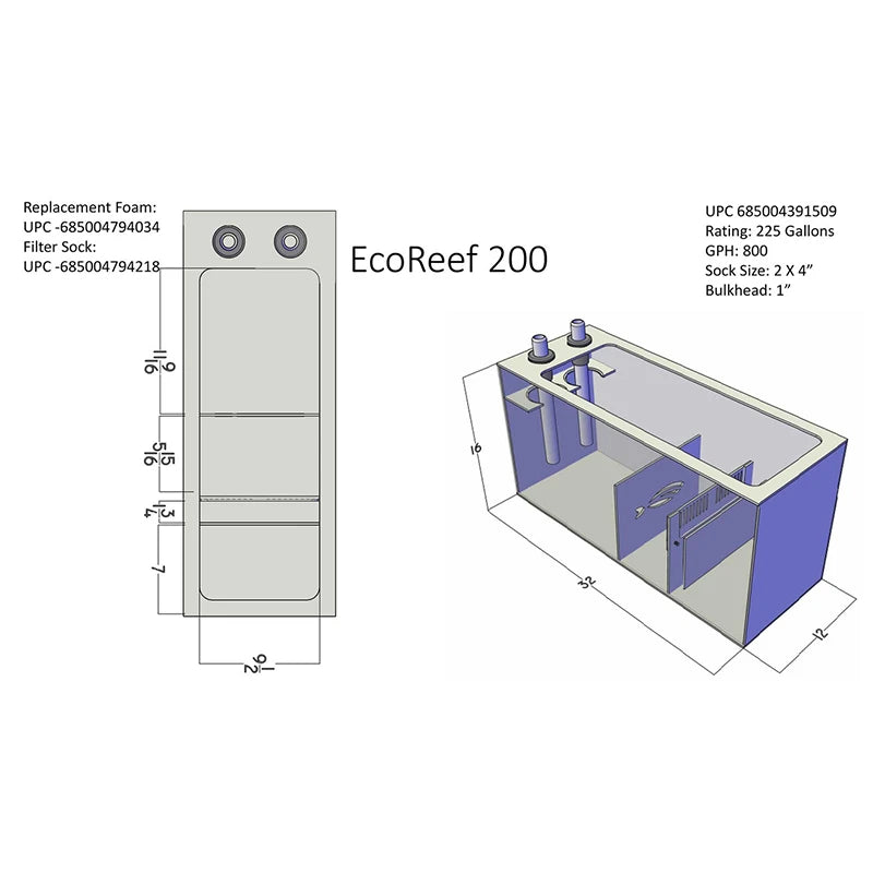 EcoReef Sump 200 (32" x 12" x 16") by Pro Clear Aquatic Systems top view and right side angled view dimensions