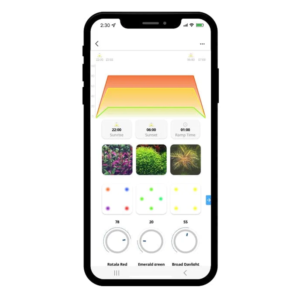 Illumagic X4 LED - Aquascaper (freshwater) app on a phone on a white background