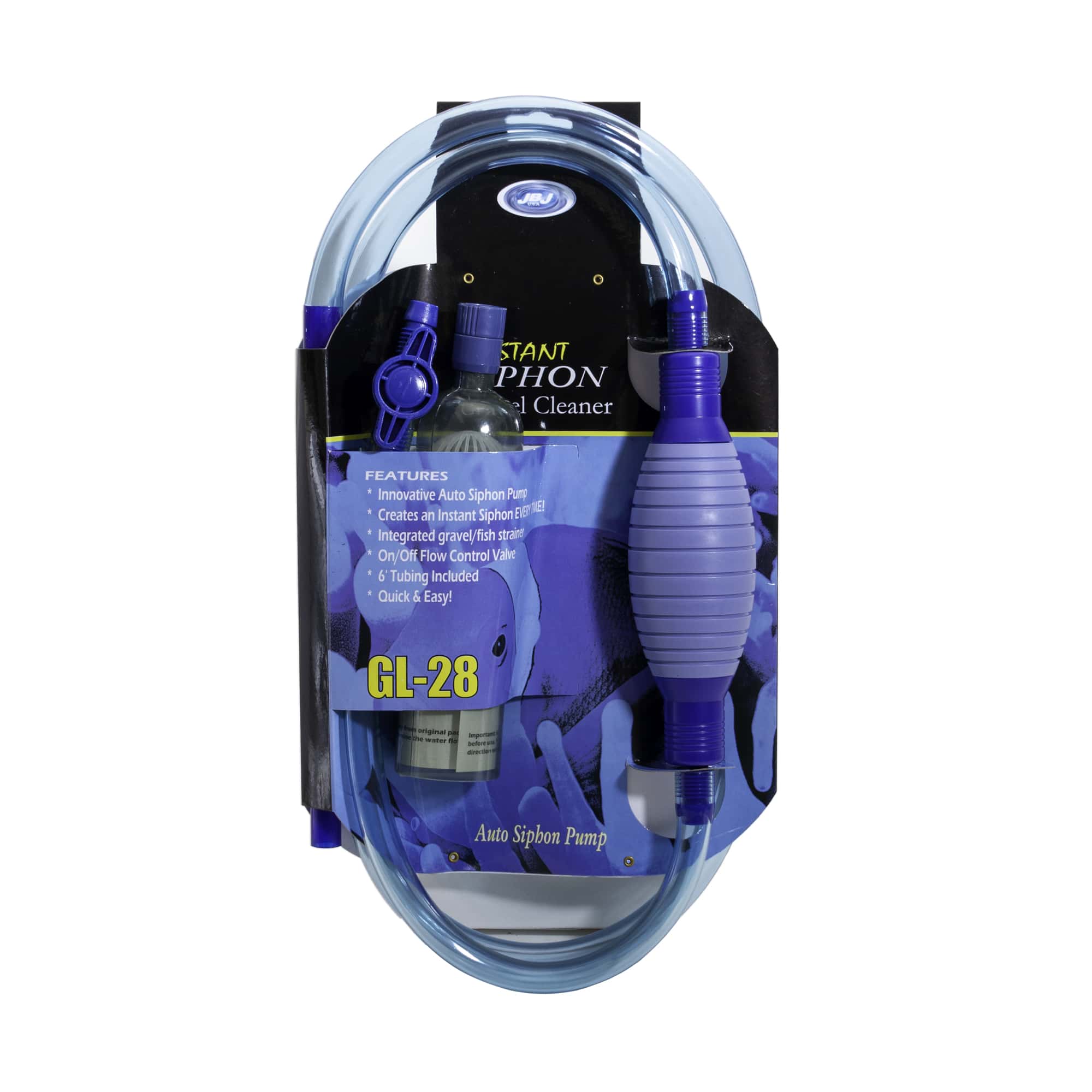 JBJ water change siphon for aquariums 5 to 75 gallons. Image shows this piece of equipment rolled up with its packing and  labeling.