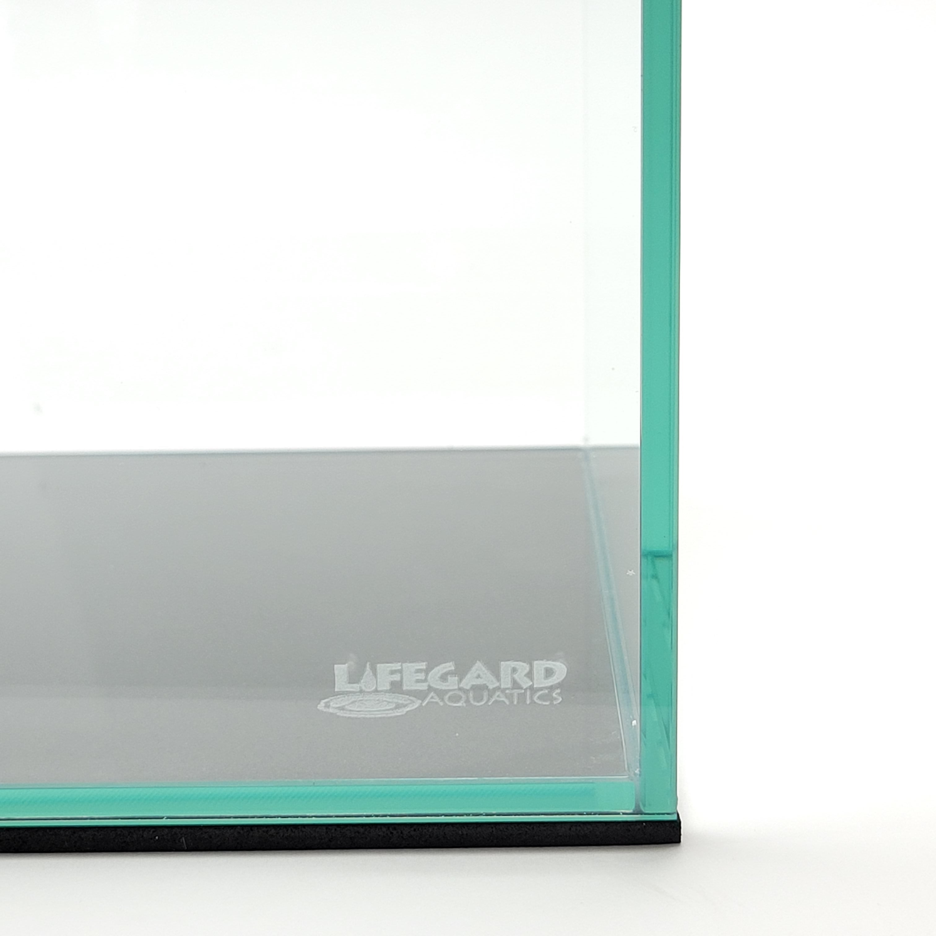 16 gallon empty rimless aquarium from a bottom right view showing the lifegard aquatics logo in a frosted white