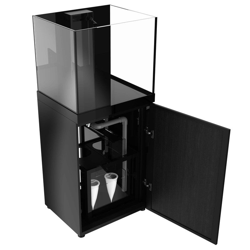 ProStar 60 Rimless Aquarium V2  black stand side view with cabinet door open to show filter system and plumbing