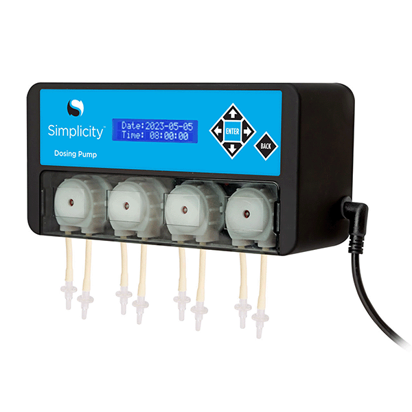 Simplicity 4-Head Dosing Pump side view with power port