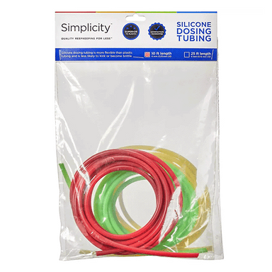 Simplicity Heavy-Duty Silicone Dosing Pump Tubing - Green/Red/Yellow Combo Pack - 10 Feet of Each - packaging
