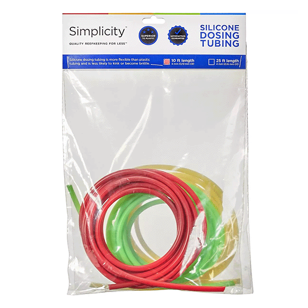 Simplicity Heavy-Duty Silicone Dosing Pump Tubing - Green/Red/Yellow Combo Pack - 10 Feet of Each - packaging