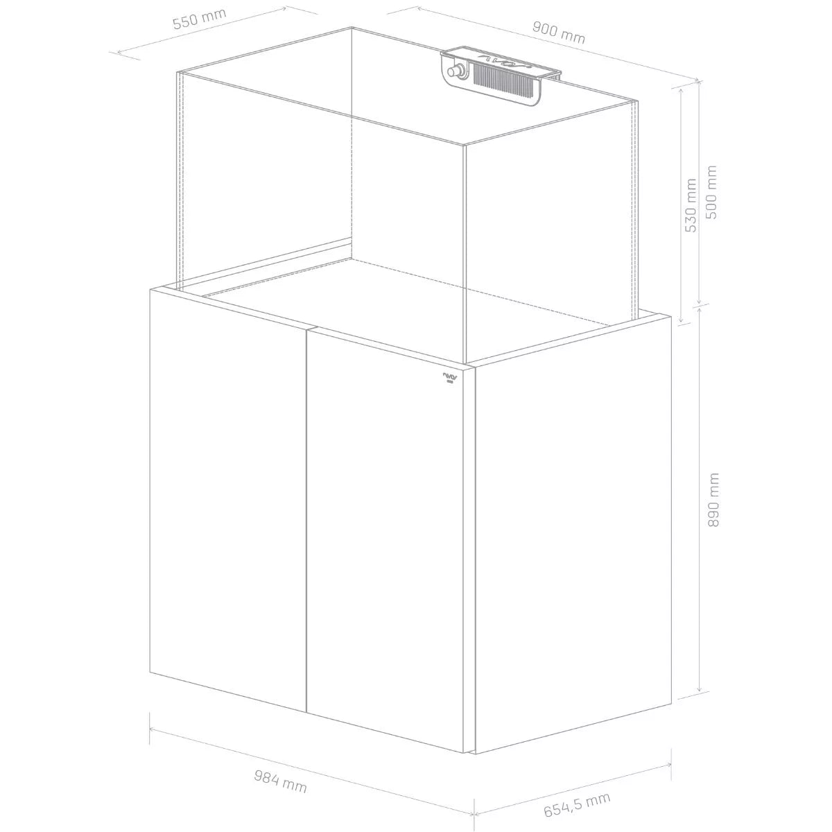 Nyos 69 Gallon OPUS G2 300 Aquarium w/ Pro-Line Cabinet (Grey) dimensions